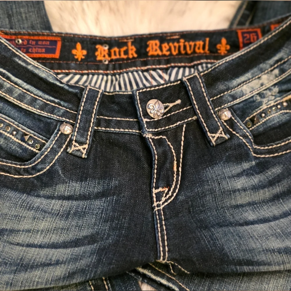 Rock Revival Noel Bootcut Jeans Size 26 Heavy Stitch Distressed Like New